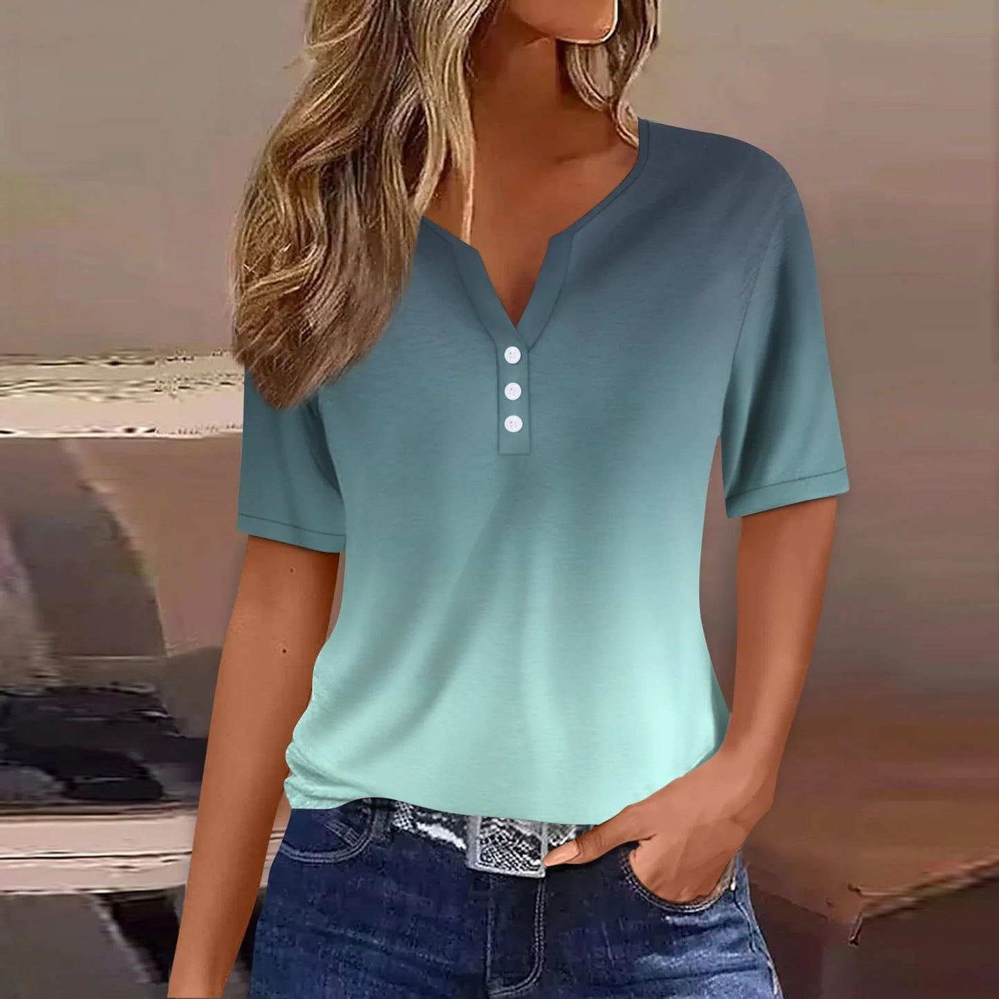 Women Summer Trendy Simple Casual Fashion Button T Shirt V Neck Short Sleeve Solid Loose Pullover Tops Plus Size Ropa De Mujer Peaceful Pleasures Health and Wellness Cyan S