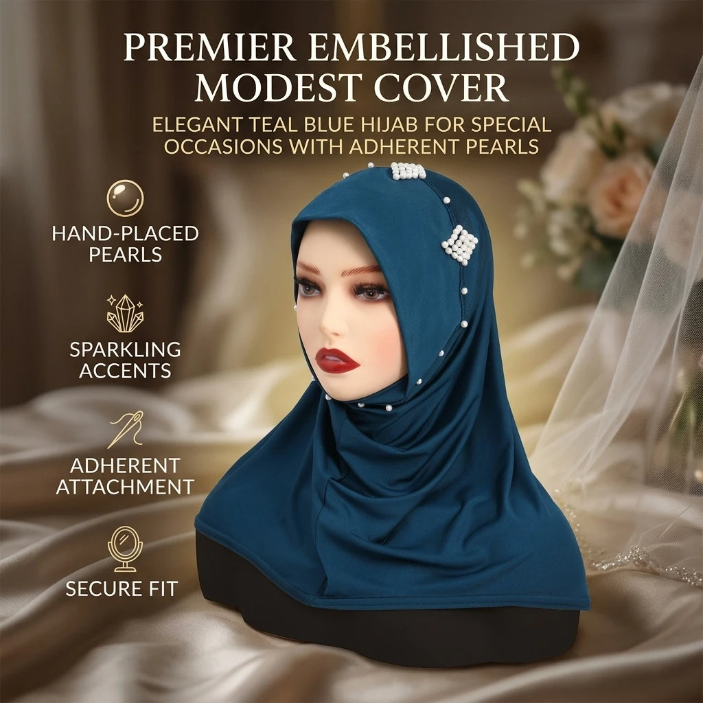 Women's Pearl Embellished Hijab Hat Elastic Fabric Chin Strap Muslim Base Cap Peaceful Pleasures Health and Wellness
