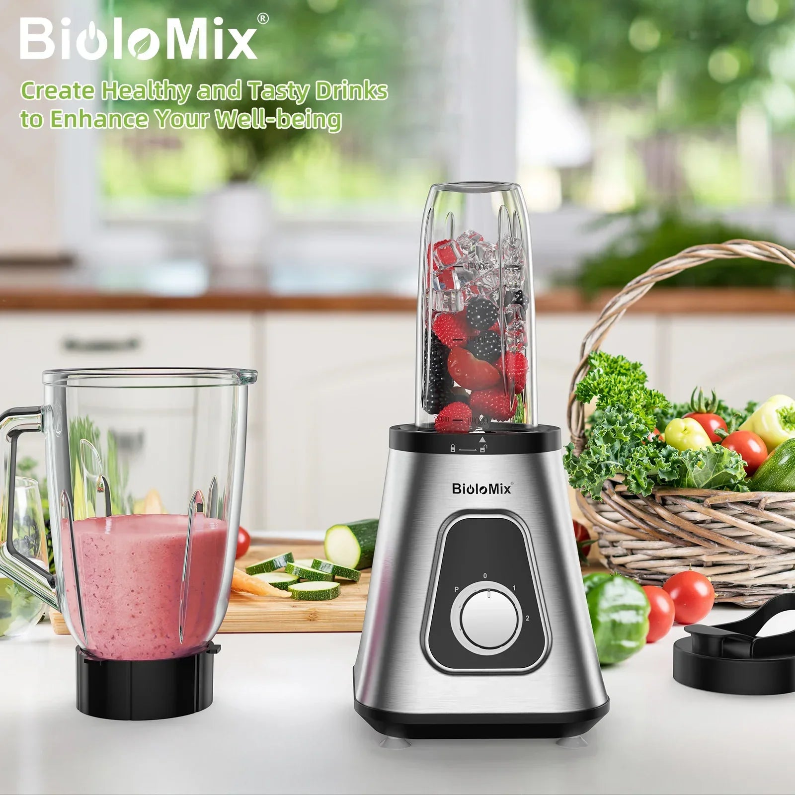 BioloMix 1300W 2-in-1 Blender – 1.5L Glass Jar & Travel Cup Blender BioloMix