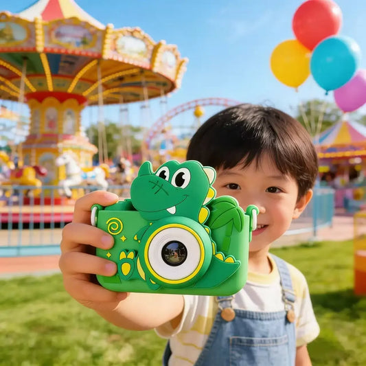 Cute Green Dinosaur SLR Kids HD Camera Portable Outdoor Mini Digital Toy with Photo & Video Recording Educational Cartoon Camera Peaceful Pleasures Health and Wellness