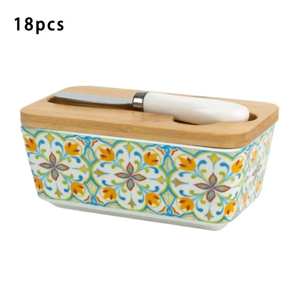 Farmhouse Ceramic Butter Dish with Lid & Knife Set