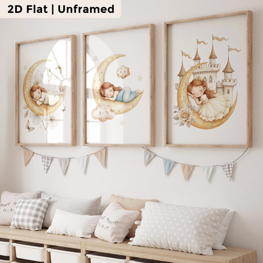 3-Piece Moon Princess Canvas Wall Art | Kids Room Decor Canvas Wall Art Set Peaceful Pleasures Health and Wellness CH037-3pcs 40x60cm Unframed