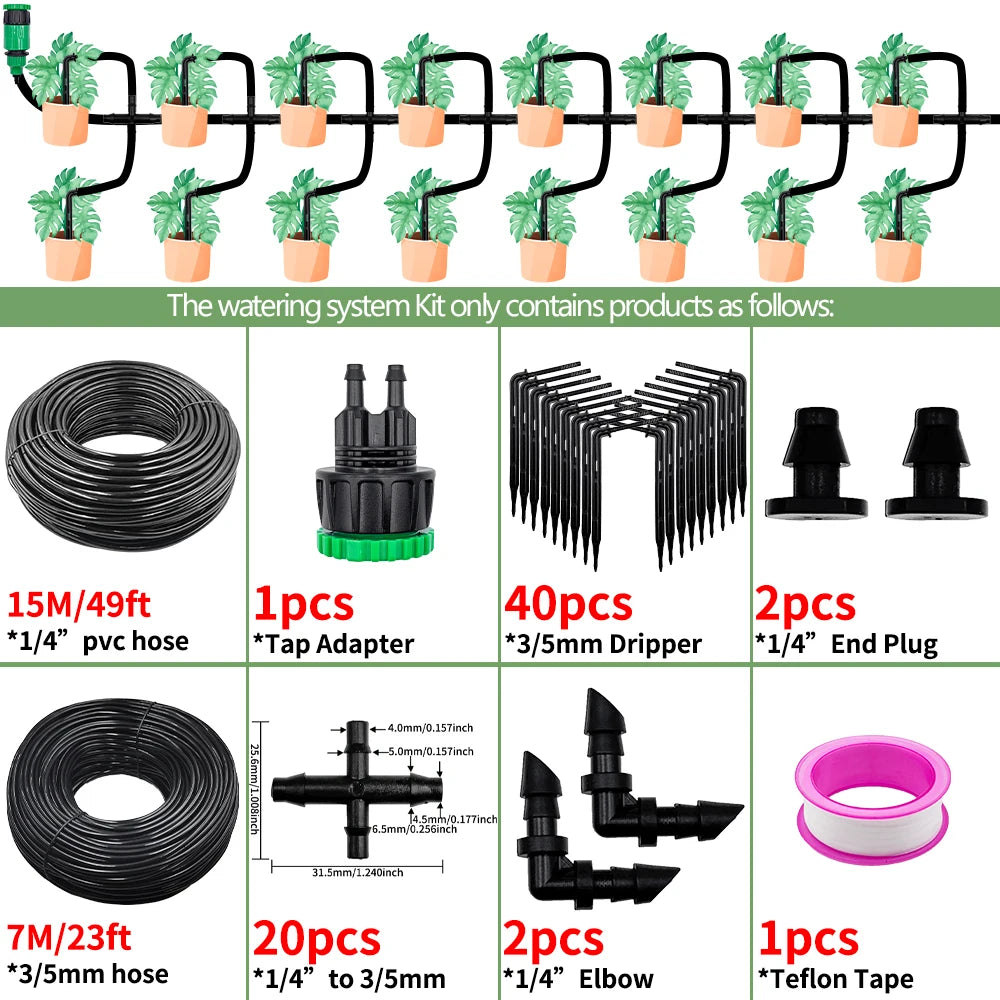 Greenhouse Drip Irrigation Kit Automatic Watering System Garden 4-Way 4/7mm to 3/5mm Hose Dripper for Pot Plant Vegetable Bonsai Peaceful Pleasures Health and Wellness 15M-40 Drippers