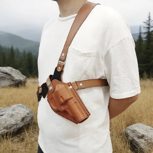 Tactical Western Cowboy PU Leather Chest Shoulder Holster Adjustable Underarm One Shoulder Pistol Bag for 10mm Wheel Handgun Peaceful Pleasures Health and Wellness