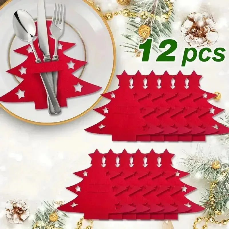 12pcs, Christmas Tree Placemats, Felt Fork and Spoon Bag Set, Suitable for Christmas and Other Holiday Party Table Decoration Peaceful Pleasures Health and Wellness Red General