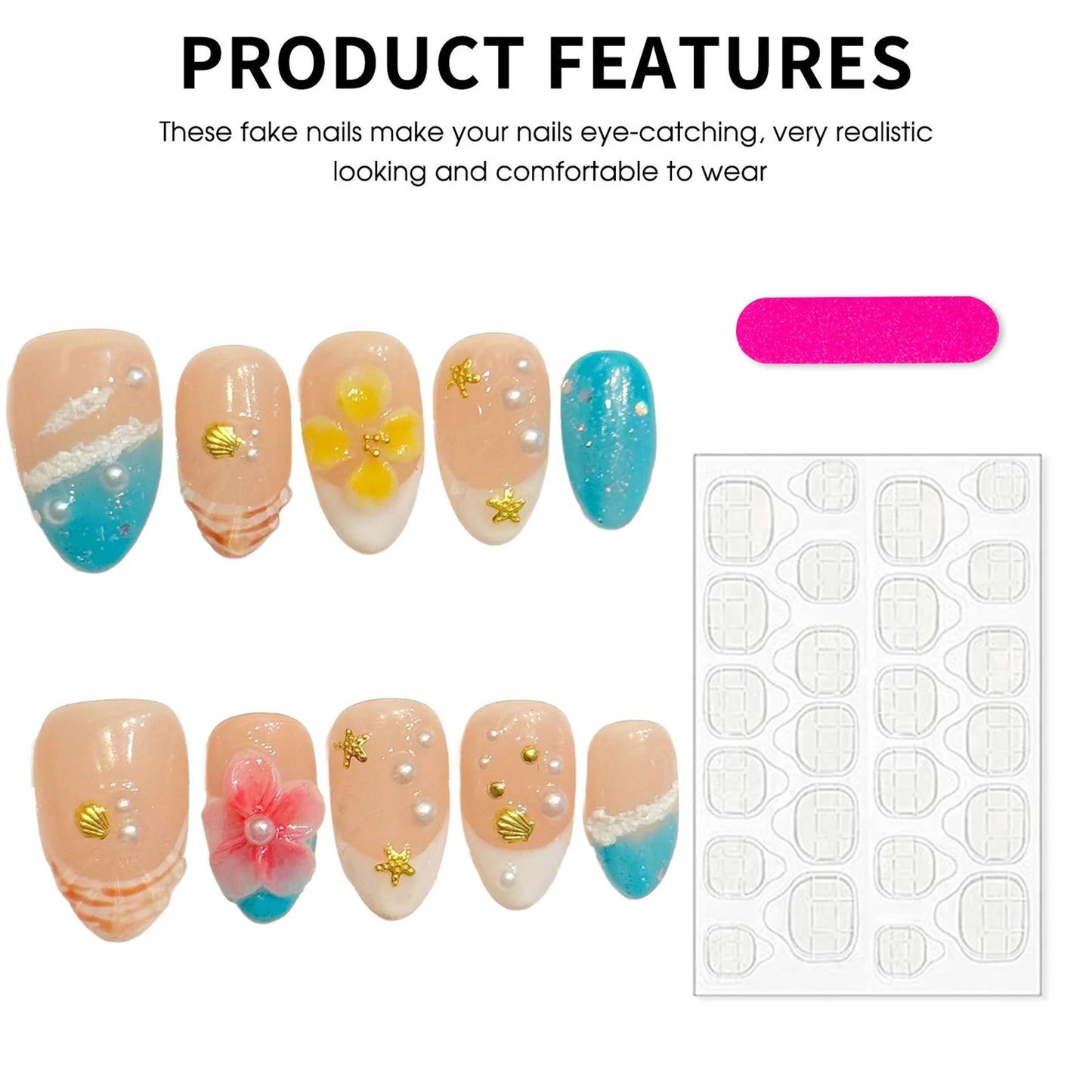 Bohemian Shell Flower Press On Nails – Short Almond 10pc Set
