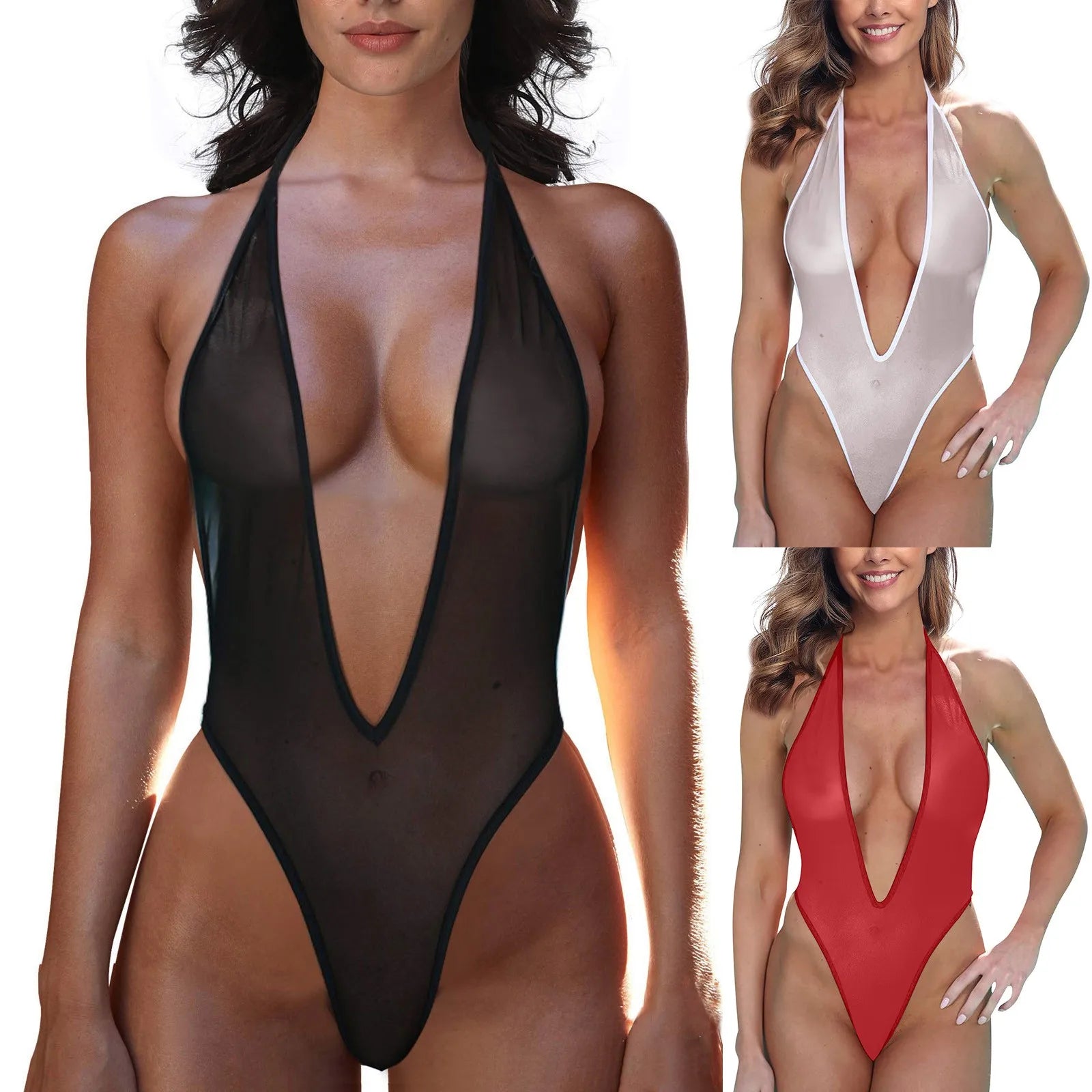 Sexy Woman Deep V Neck Bodysuit High Cut Bikini Jumpsuit One-Piece See-Through Backless Halter Bikini Swimsuit Erotic Lingerie Peaceful Pleasures Health and Wellness