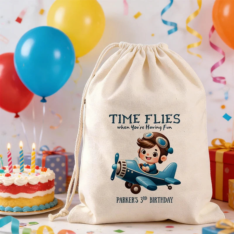 Personalized Pilot Airplane Drawstring Party Favor Bags for Boys