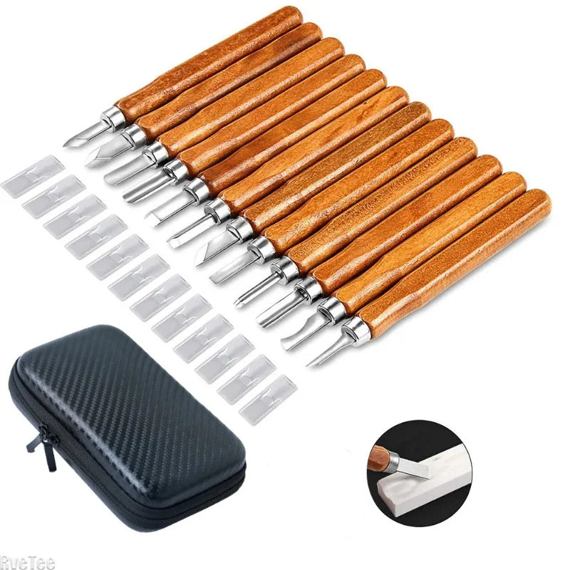 Wood Carving Chisel 12Pcs Art Knife Set HRC62 Multifunctional Handcraft Wooden Handle Cut Tools Organizer Parts Garden Crafts Peaceful Pleasures Health and Wellness