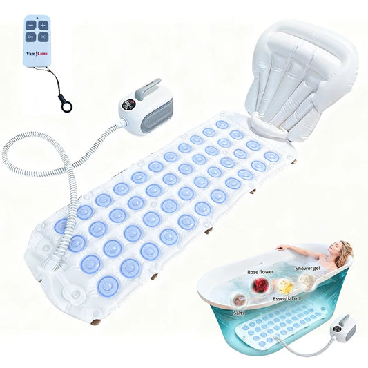 Spa Bubble Bath Massager Mat with Remote & Inflatable Pillow Bathtub Spa Massager Peaceful Pleasures Health and Wellness