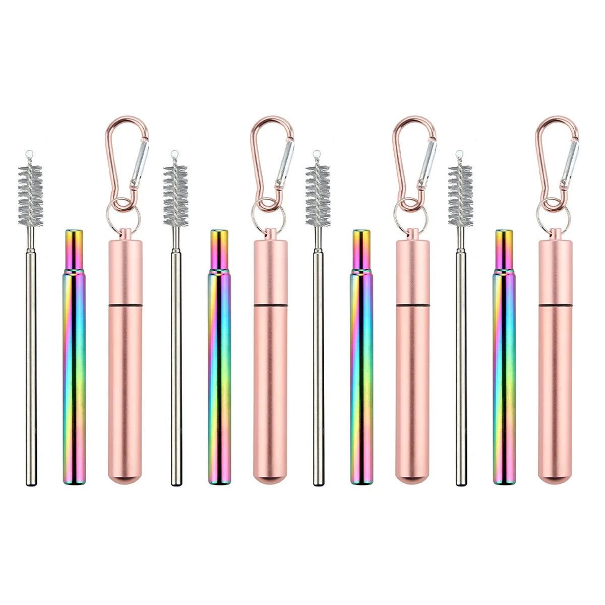 4Pack Collapsible Stainless Steel Drinking Straws with Aluminum Case, Cleaning Brush, and Keychains for Drinking Coffee Milk Tea Peaceful Pleasures Health and Wellness Rose gold