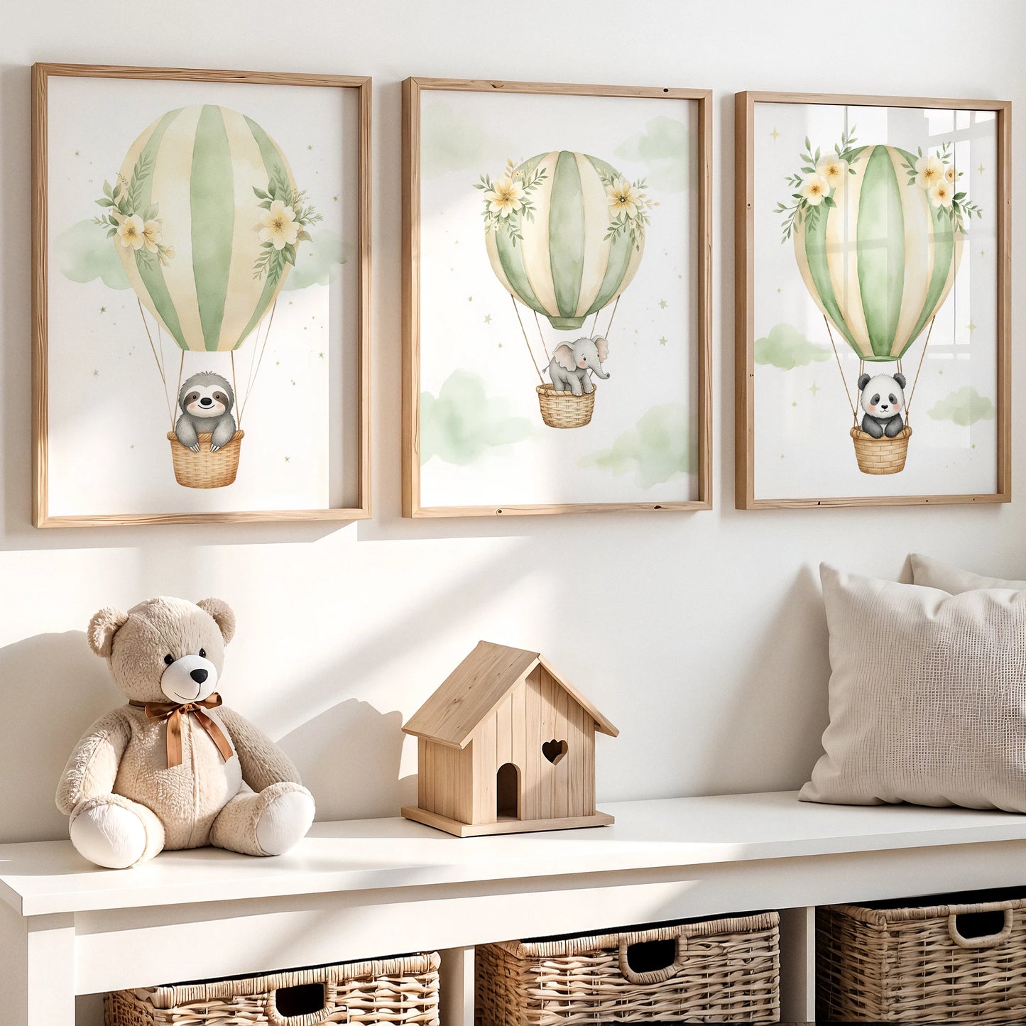 Watercolor Hot Air Balloon Animals Canvas Wall Art | Kids Room