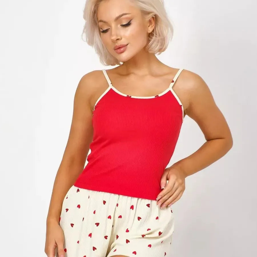 Women’s Heart Print Pajama Set – Sleeveless Knit Camisole and Shorts Summer Loungewear Sleepwear Nightwear Peaceful Pleasures Health and Wellness