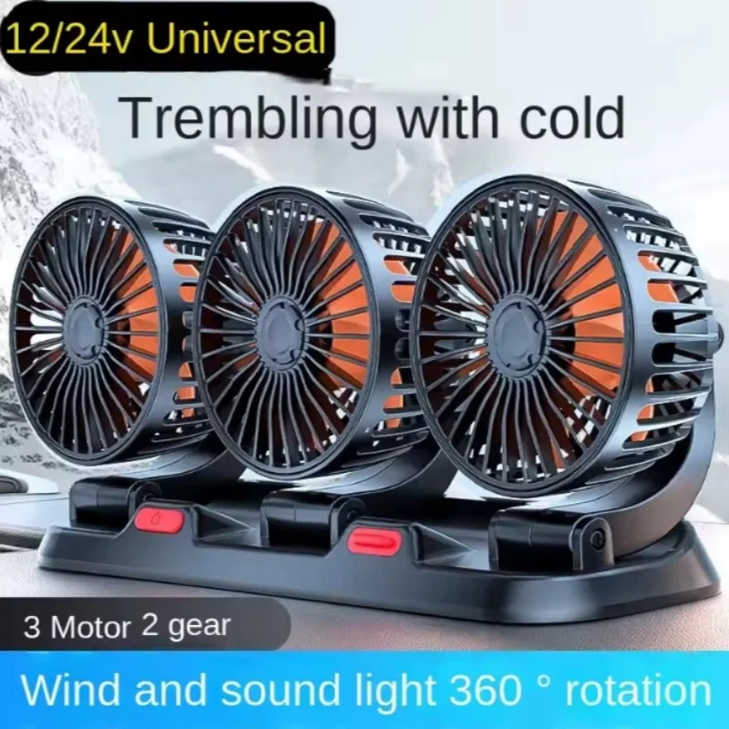 360° 3-Head Car Fan USB/12V/24V – Silent 2-Speed Desk Fan