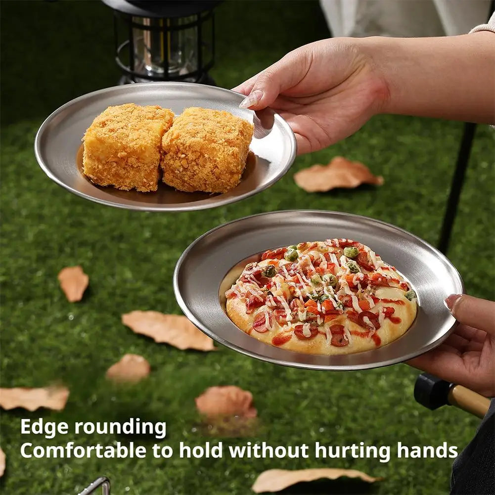 Outdoor Camping Steak Pizza Fruit Cake Snack Deep Disc Anti-overflow Plate Titanium Purified Stainless Steel Dinner Plate Set Peaceful Pleasures Health and Wellness