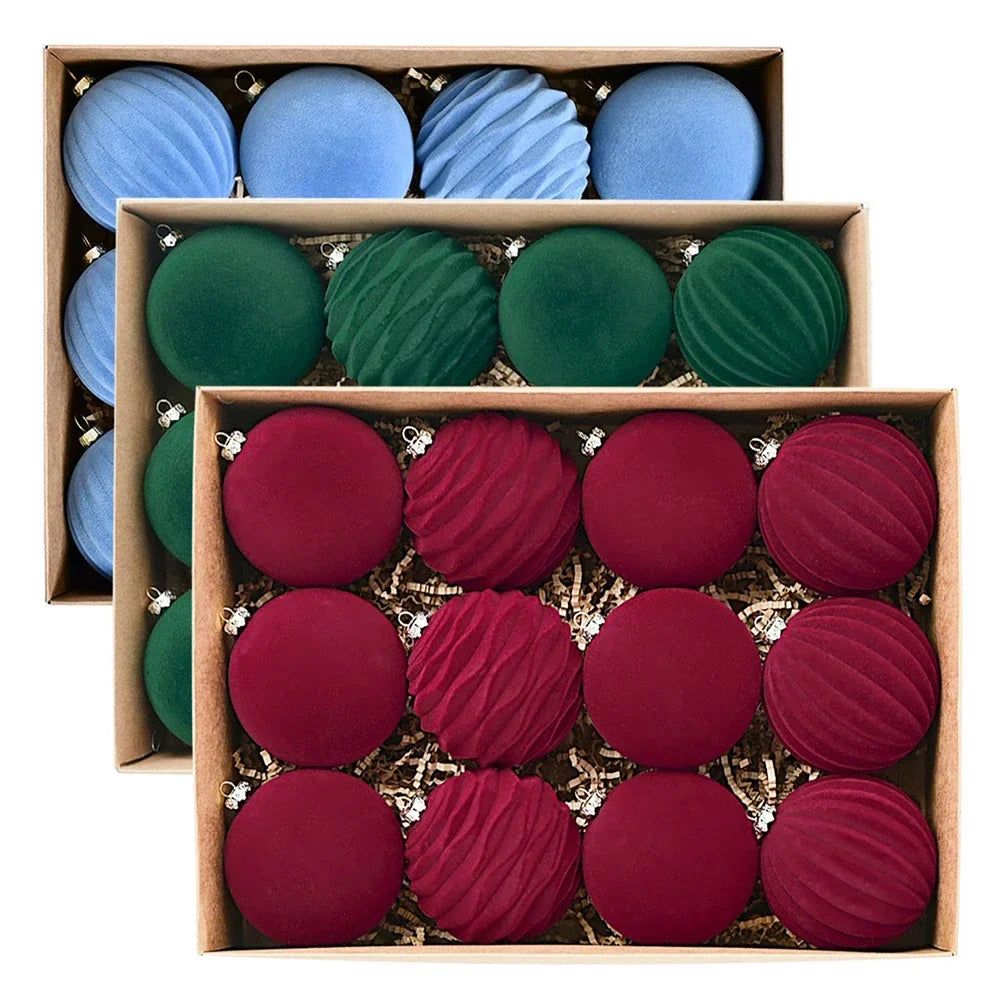 Flocked Velvet Christmas Ball Ornaments – Set of 12 | 3.15"