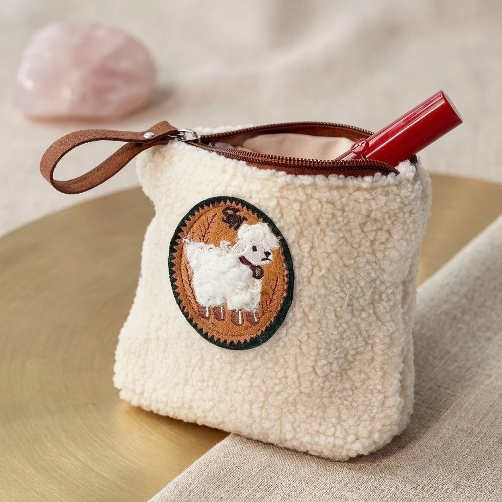 Mini Sheep Coin Purse Keychain for Girls Polyester Plush Embroidered Pouch with Metal Ring Peaceful Pleasures Health and Wellness