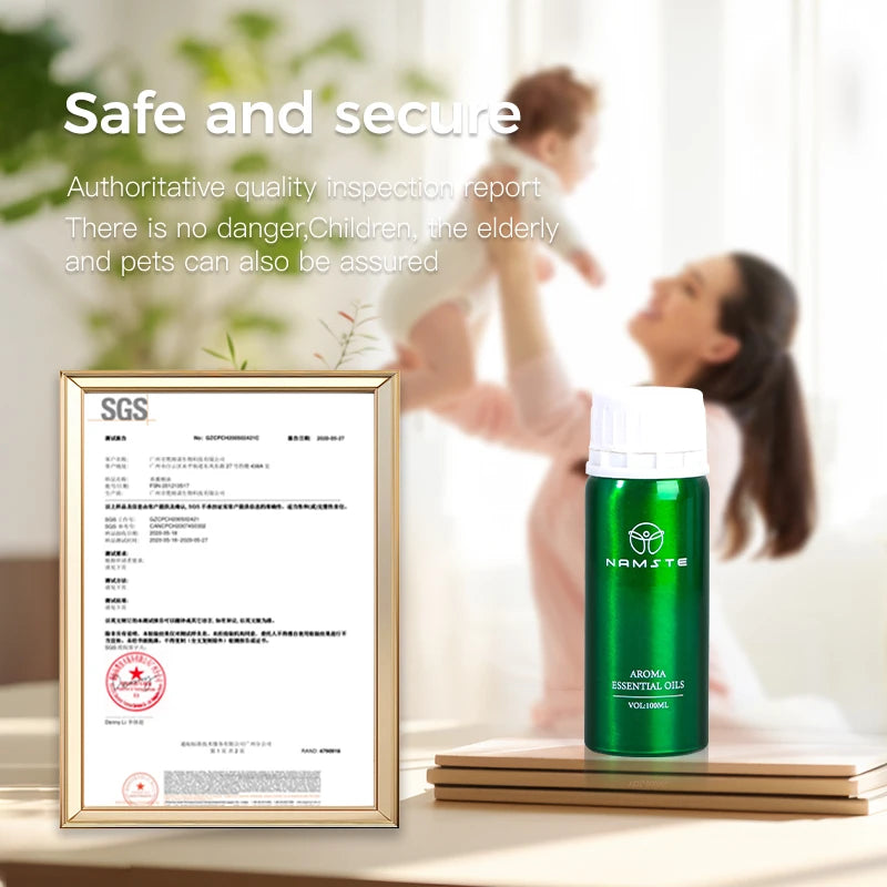 Green bottle with white cap on a surface next to an SGS certification document, with a blurred background of a woman and child.
