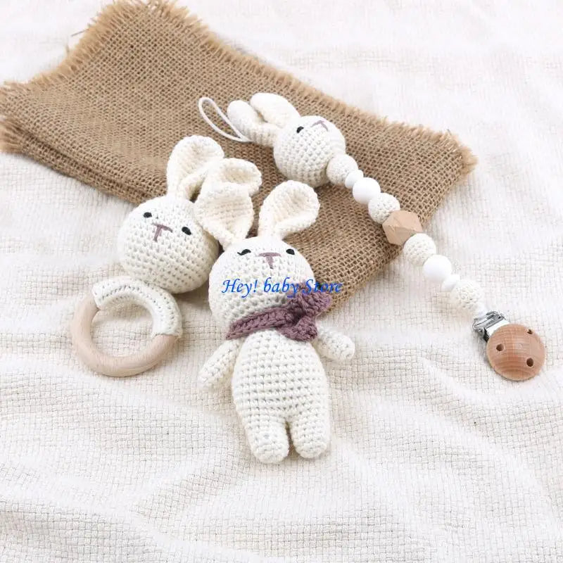 3-Piece Baby Crochet Bunny Rattle & Pacifier Clip Gift Set