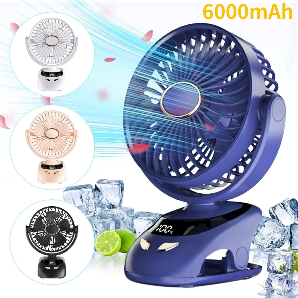 Portable USB Clip-On Desk Fan | 5-Speed, LED Display, Rechargeable