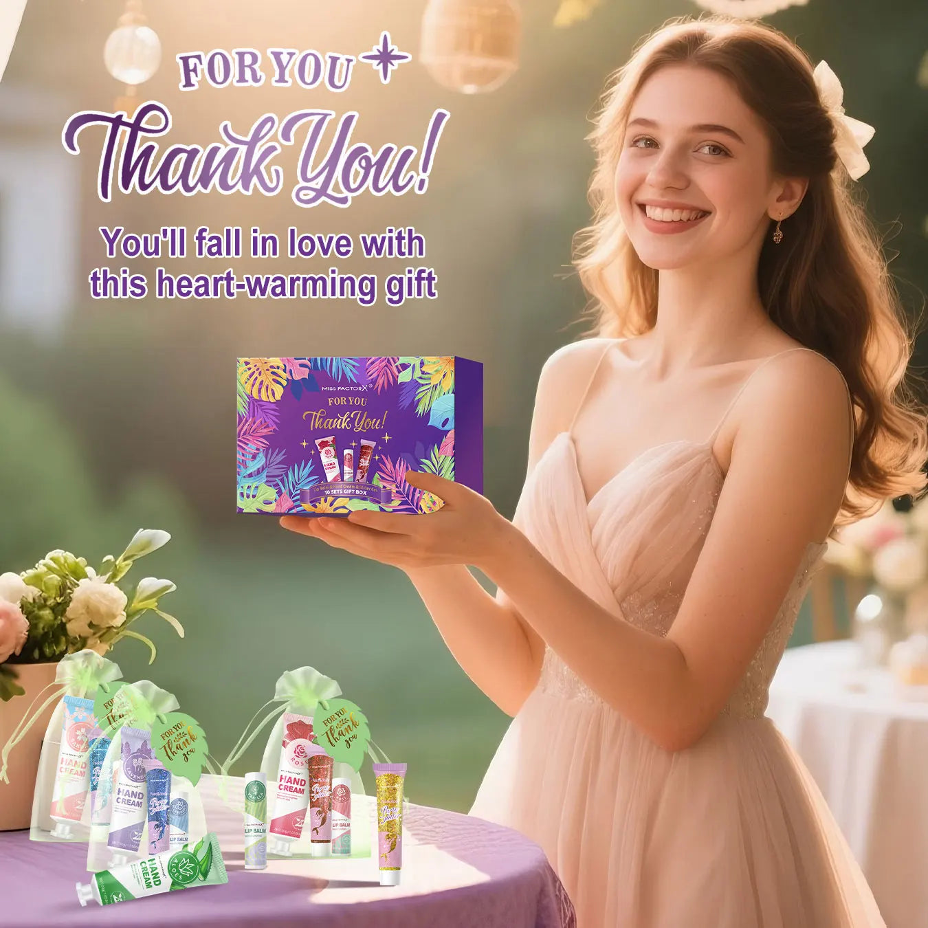 Women's gift set -10 sets/box with hand cream, lipstick, glitter, gift gauze bag, green leaf thank you card combination Peaceful Pleasures Health and Wellness