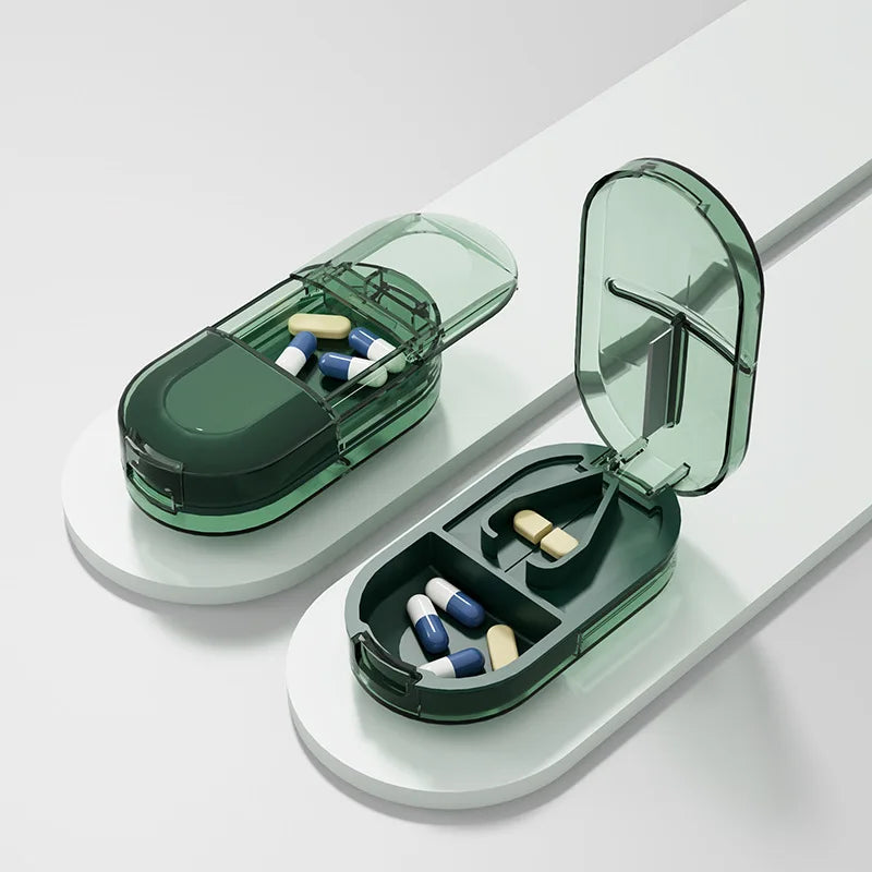 2-in-1 Portable Pill Cutter & Dustproof Storage Box Organizer
