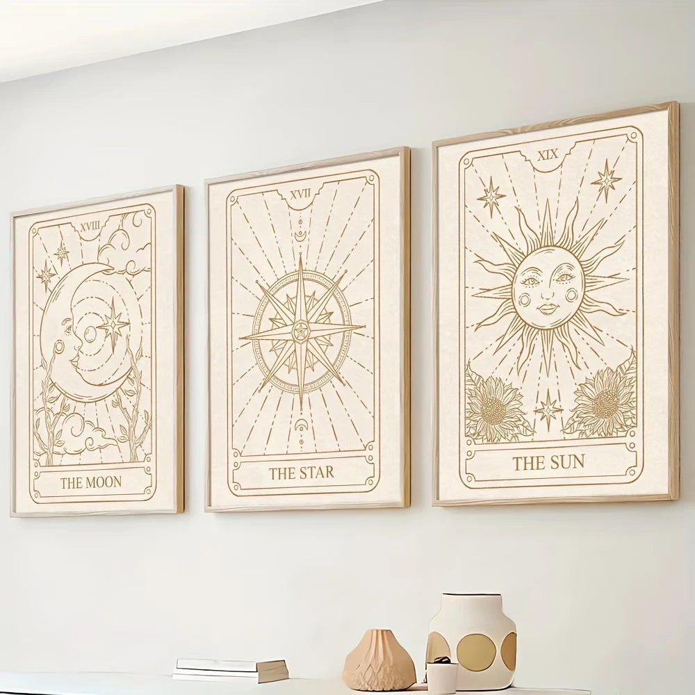 3-Piece Tarot Sun Moon Star Canvas Wall Art | Home Decor