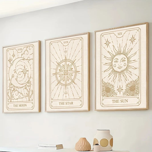 3-Piece Tarot Sun Moon Star Canvas Wall Art | Home Decor Canvas Wall Art Set Peaceful Pleasures Health and Wellness G4626-3pcs 21x30cm Metal Framed