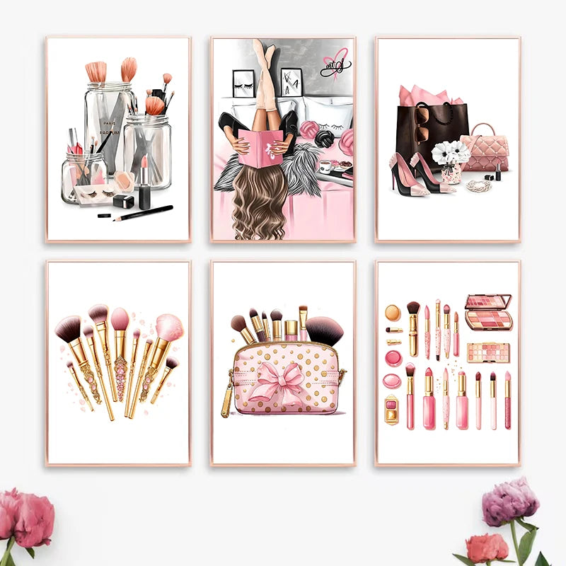 Girly Pink Makeup Canvas Wall Art | Bedroom Décor Poster