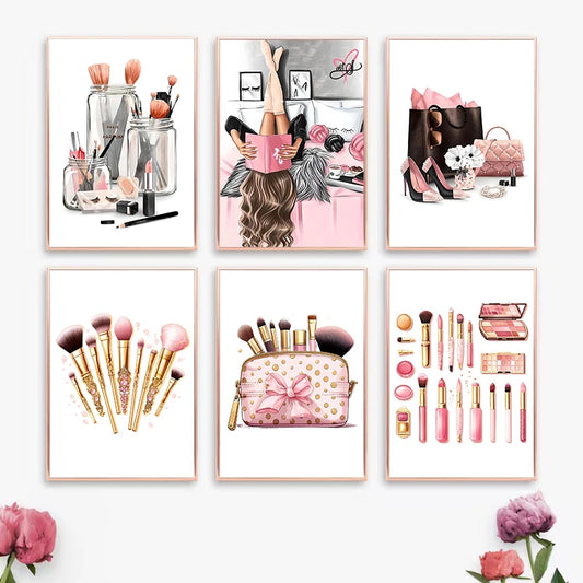 Girly Pink Makeup Canvas Wall Art | Bedroom Décor Poster Canvas Wall Art Peaceful Pleasures Health and Wellness
