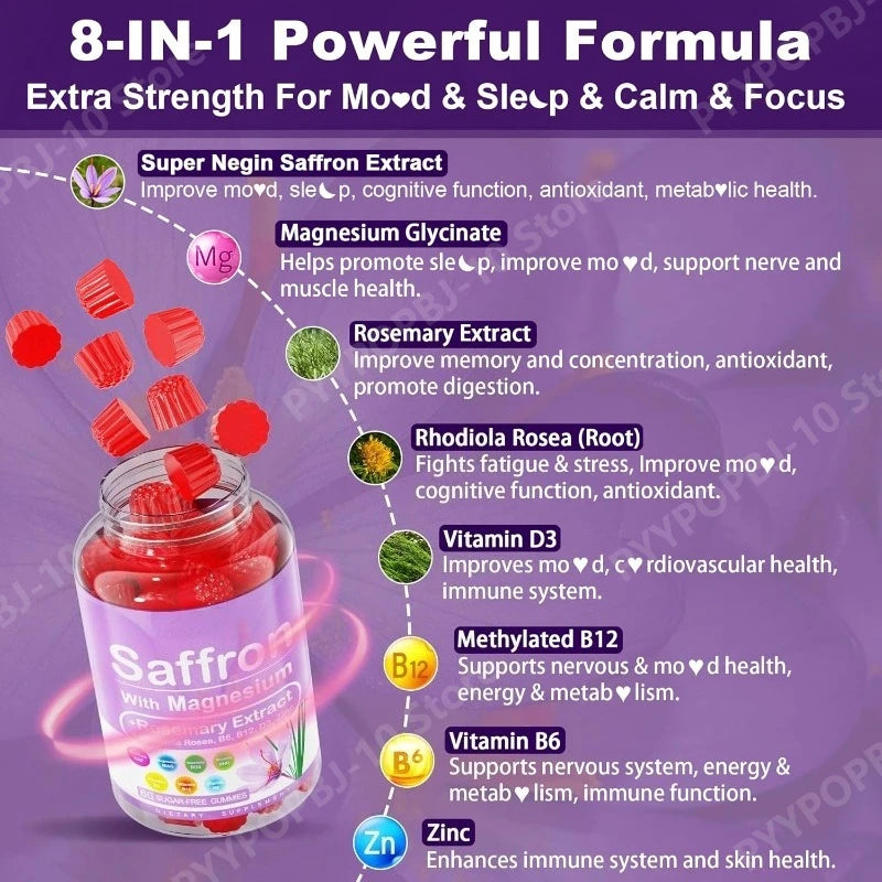 Saffron Gummies 4-Month Supply | Magnesium B6 B12 D3 Sugar-Free