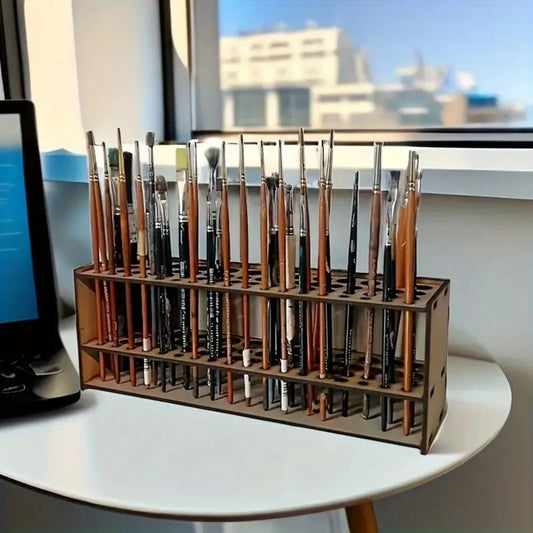 67-Slot Wooden Brush Holder | Double-Layer Artist Organizer Brush & Pen Holder Peaceful Pleasures Health and Wellness Burlywood