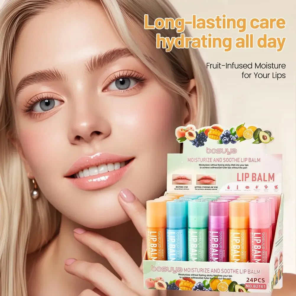 24Pcs Fruit Series Lip Balm Set Honey Grape Avocado Moisturizing Bulk Mini Balm Pack for Dry Cracked Lips Hydrating Lips Care Peaceful Pleasures Health and Wellness