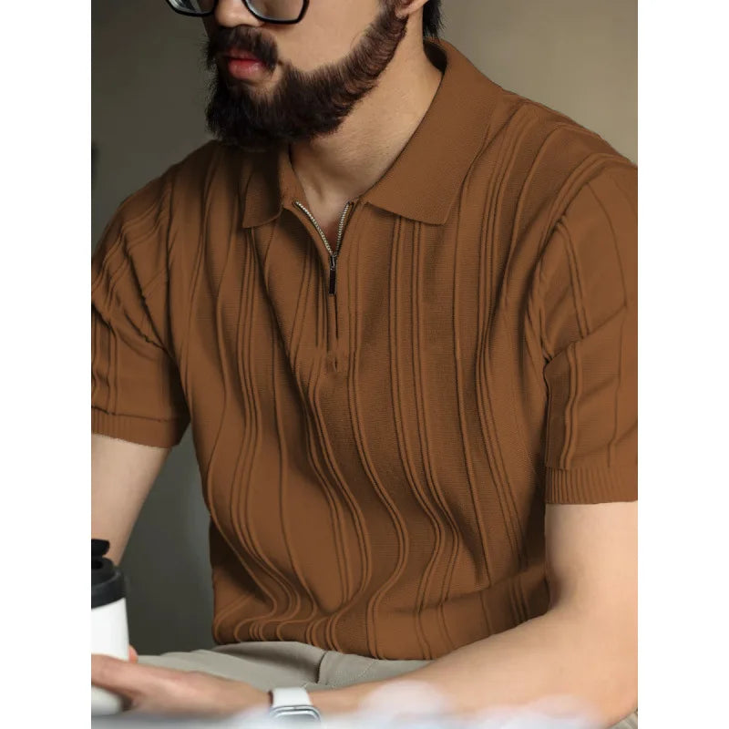 Men's Ice Silk Zipper Polo Shirt | Slim Fit Short Sleeve