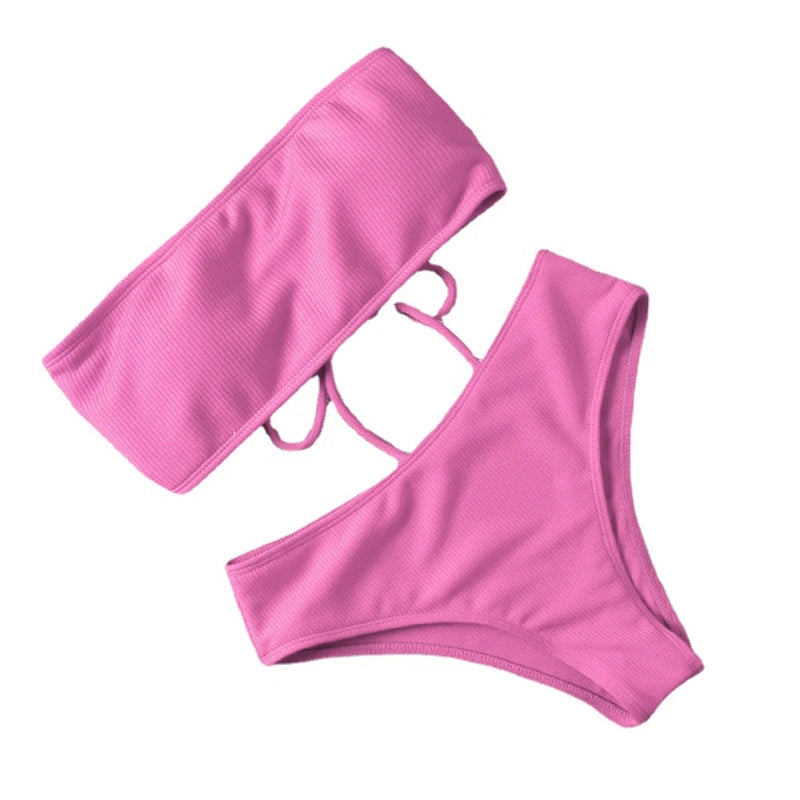 Sexy Bikini Swimwear for Women Swimsuit Solid Color Bikini Set Female Tube Top Padded Bathing Suit Summer Beach Wear Peaceful Pleasures Health and Wellness Pink S