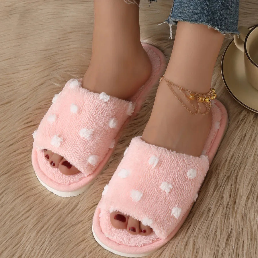 Women's Polka Dot Fluffy Slippers | Warm Non-Slip Open Toe