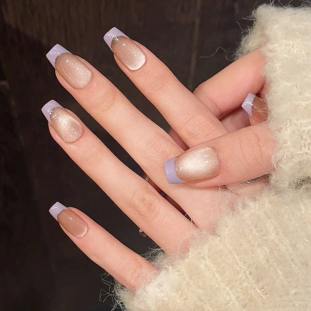 Short Purple French Press on Nails Handmade Sweet Korean Cat Eye Fake Nails for Girl Women Wearable Reusable False Nail Patches Peaceful Pleasures Health and Wellness