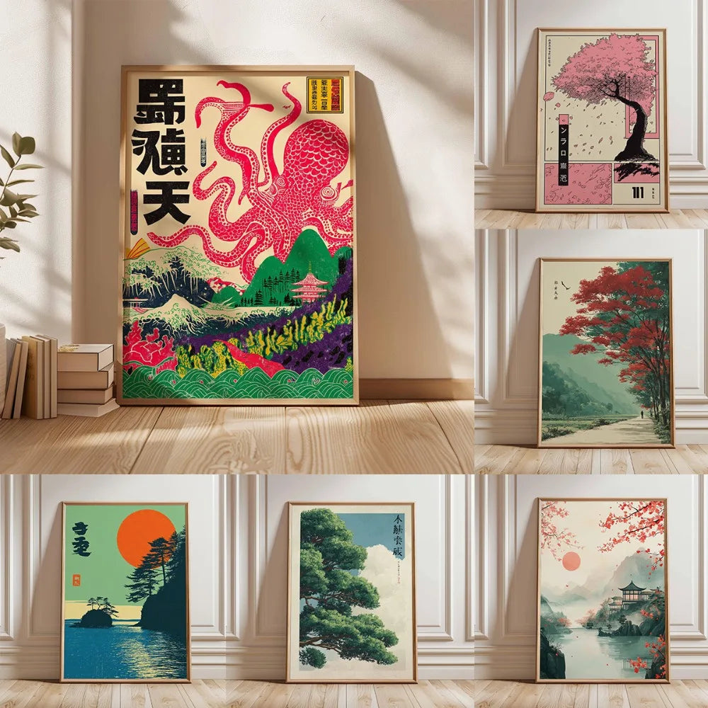1 Frameless Japanese Tree Poster,Retro Landscape Painting,Natural Wall Art Print,Peaceful Landscape Art,Spring Flower Decoration Peaceful Pleasures Health and Wellness