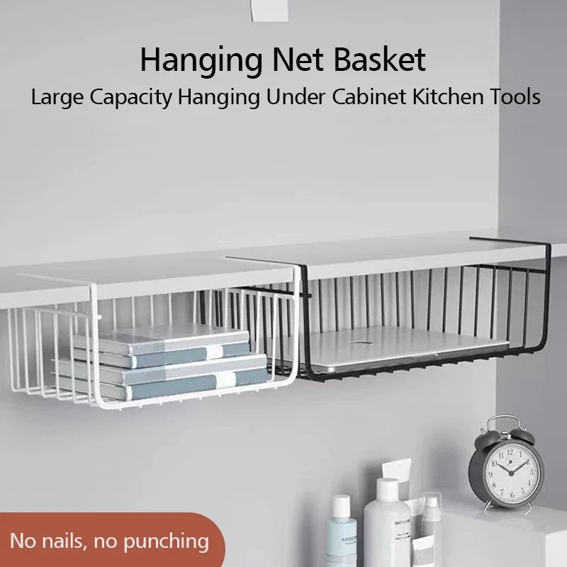 Under-Cabinet Metal Hanging Basket – Kitchen & Office Organizer