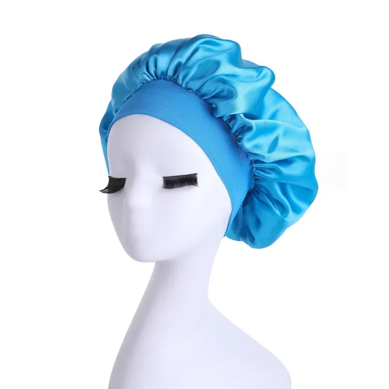 Women's Satin Solid Wide-brimmed Sleeping Hat Night Sleep Cap Hair Care Bonnet Nightcap for Women Men Unisex Cap Bonnet De Nuit Peaceful Pleasures Health and Wellness Blue