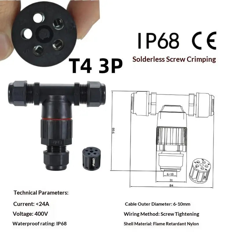 1Pc T Shape Waterproof Electric Connector Quick Screw Connect Push-in Terminals IP68 2/3/4/5Pin For Junction Box Wire Connector Peaceful Pleasures Health and Wellness T4 3PIN 24A