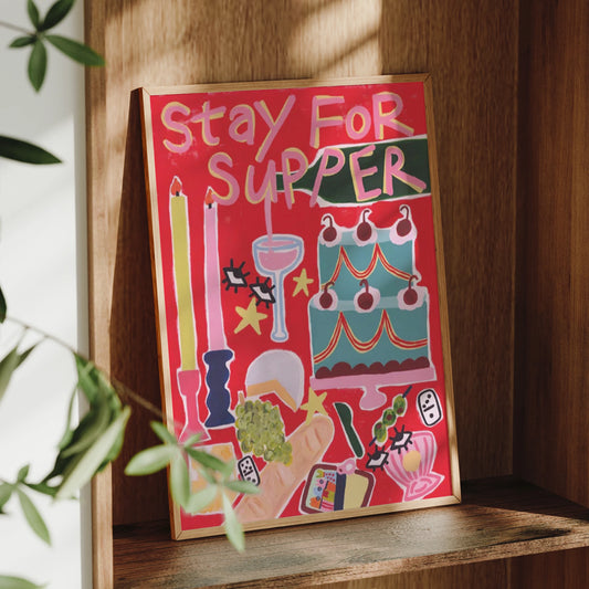 "Stay For Supper" Quote Canvas Wall Art Print | Home Decor Quote Canvas Print Peaceful Pleasures Health and Wellness G4856 30x40cm Wood Framed
