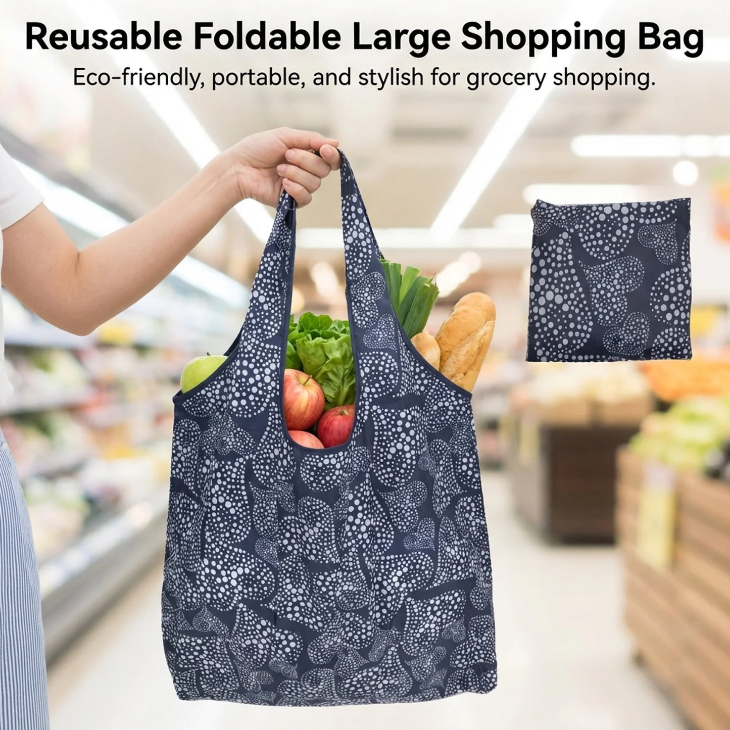 Large Capacity Eco-Friendly Foldable Shopping Bag Reusable Tote with Print Design for Supermarket Use Portable Carry Handle Peaceful Pleasures Health and Wellness