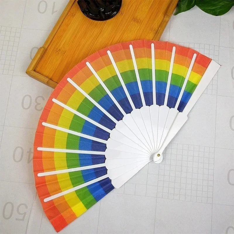 Plastic Hand Crank Fan Foldable Oriental Rainbow Silk Fabric Pocket
