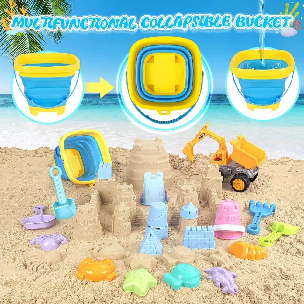 21-Piece Kids Beach Sand Toys Set – Excavator, Castle Molds & Bucket