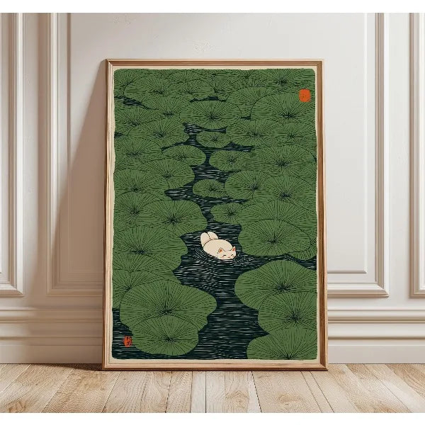 Japanese Cat & Willow Lily Pond Canvas Wall Art Print