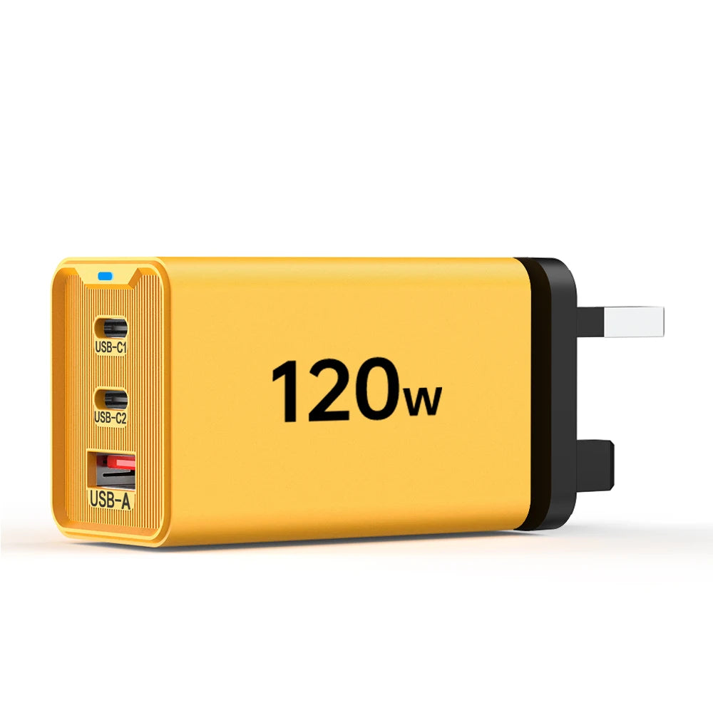 120W 3-Port USB-C Fast Charger PD3.0 QC3.0 Wall Adapter