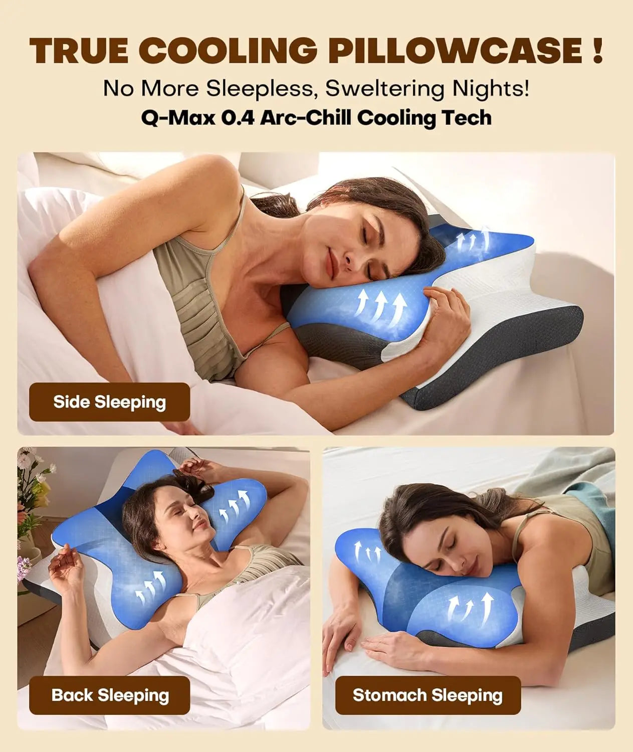 Woman using a cooling pillowcase with text highlighting its benefits and usage.