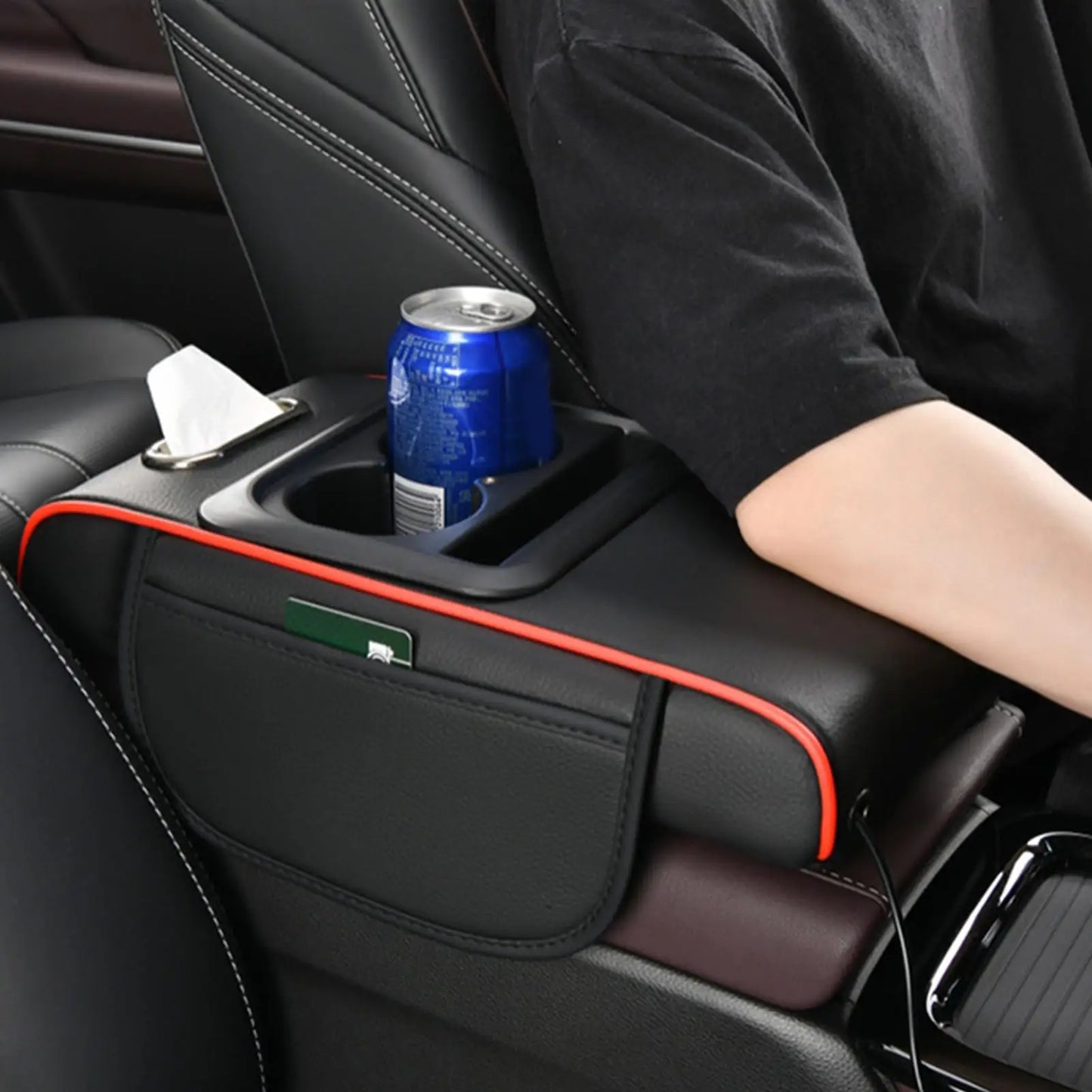 Car Console Armrest Cushion Organizer with Cup Holders & Lighting