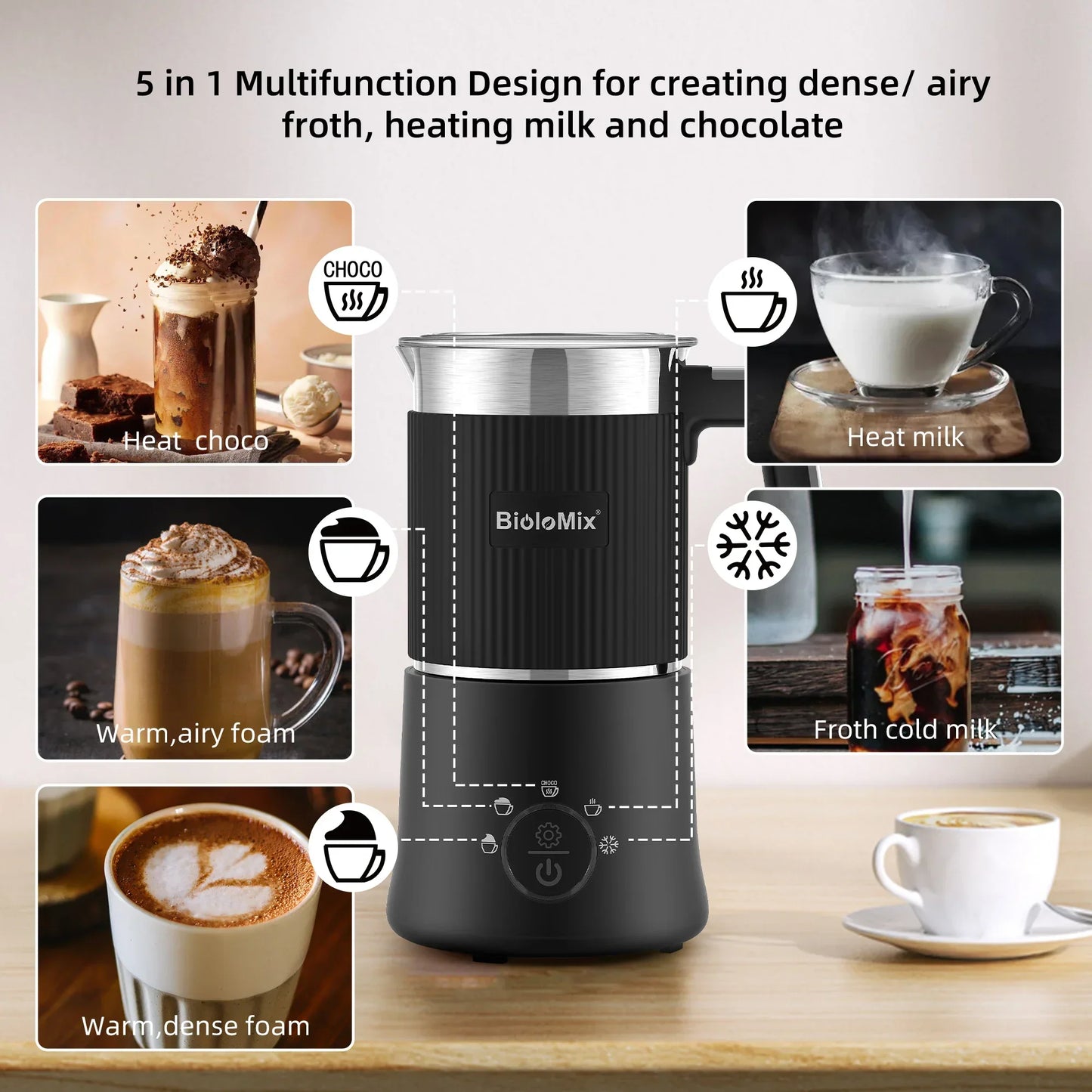 BioloMix 5-in-1 Detachable Milk Frother & Steamer 500W Milk Frother Peaceful Pleasures Health and Wellness
